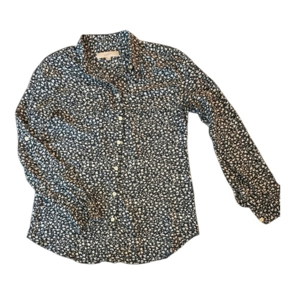 LOFT Navy White Floral‎ Print Button Down Shirt Size Small Casual Chic